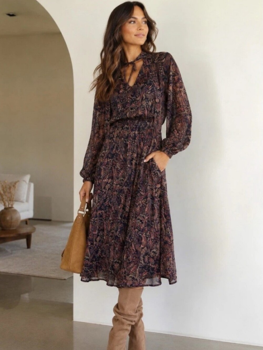 Evereve Long-Sleeved Tie Neck Paisley Midi Dress